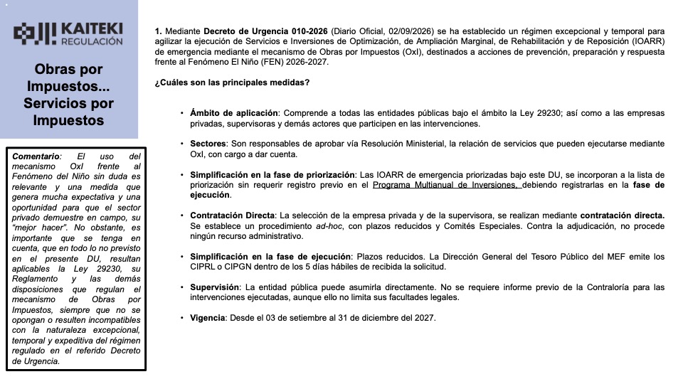 KaitekiSac's tweet photo. 💡Nos complace compartir nuestra Alerta Regulatoria, correspondiente a Setiembre 2026, con lo mas resaltante en #Regulación #Concentraciones #Indecopi #OxI #TMT #Arbitraje. Te invitamos a compartirla. @VirginiaNakag12 https://t.co/B7ll5hfUJB