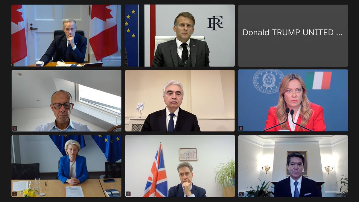 Stone_SkyNews's tweet photo. There’s lots going on here… 
- why is Merz in his attic?
- has VDL been doodling on her notes?
- which aide, off camera, is Meloni destroying with the stare?
- why is the (unironed) UK flag apparently pinned to the wall behind Miliband?
- where is Trump? https://t.co/ZRd4JfXDG4