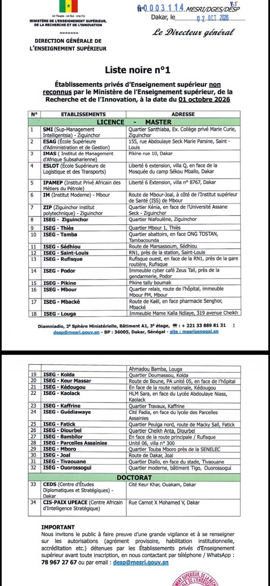 autruicomoi's tweet photo. Le MESRI publie la première liste des Établissements privés d'Enseignement supérieur non reconnus par ses services, à la date du 01 octobre 2026. #Kebetu https://t.co/UhzZ6JJNyO