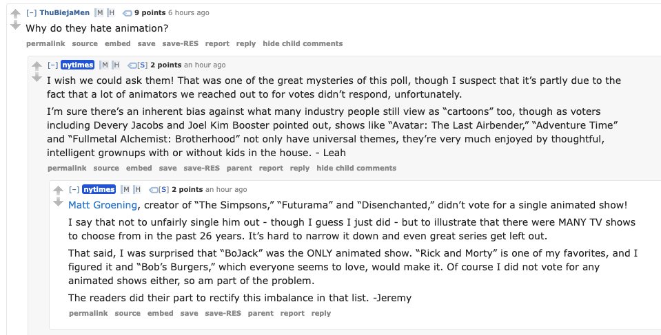kianworld's tweet photo. new york times did an AMA about their 100 top tv shows and they got asked why animation got snubbed hard https://t.co/BrfSeNk2GY