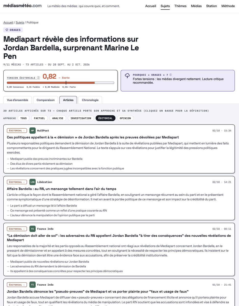 epelboin's tweet photo. Le service @Mediasmeteo / https://t.co/pkoLcbbe6j permet de comprendre comment l'actualité est traitée par les médias... Petit screenshots sur l'analyse de l'affaire Bardella Soral... https://t.co/ETPZap41PY https://t.co/JcRyfdwdbw
