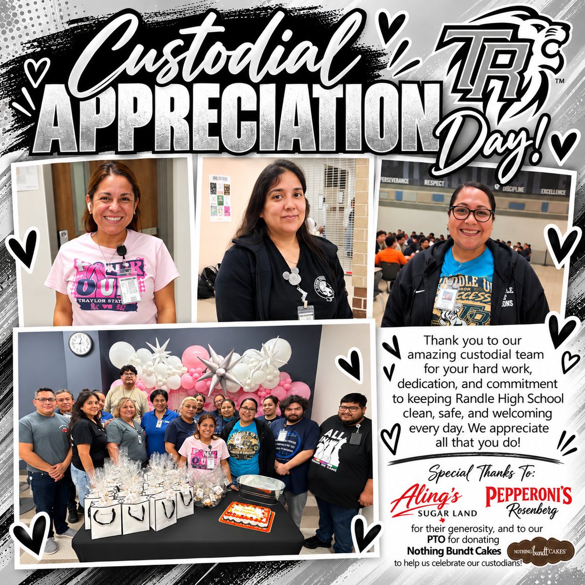 RandleHS's tweet photo. Happy Custodial Appreciation Day! 🖤🤍 We are so thankful for our amazing custodial team and their hard work, dedication, and commitment to keeping Randle High School clean, safe, and welcoming every day. We appreciate all that you do!
#WeAreLamarCISD #WeAreGameChangers https://t.co/7deJMCNiOV