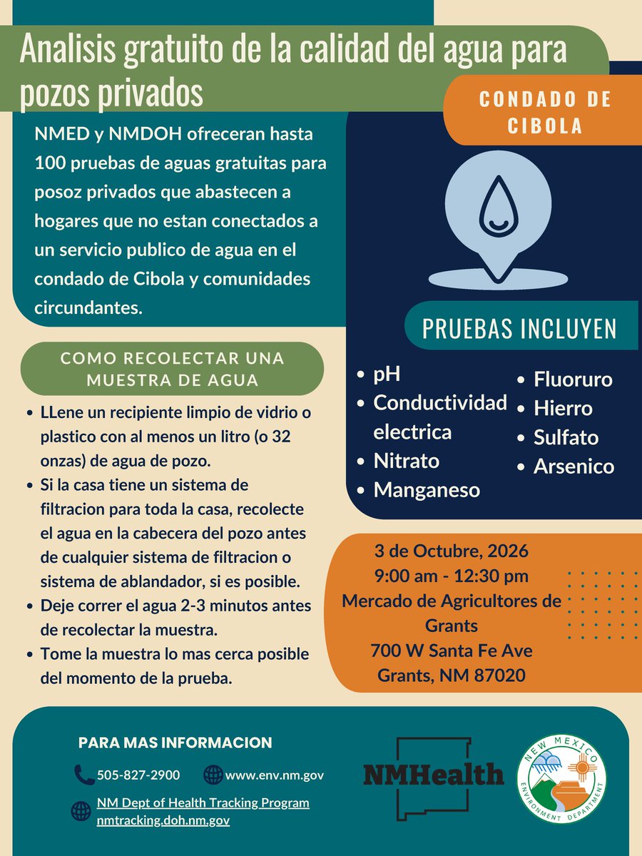 NMEnvDep's tweet photo. 🚨 ¡Mañana! 💧🏡 NMED y @NMDOH ofrecen hasta 100 pruebas gratuitas de agua de pozos privados para hogares que no están conectados a un sistema público de agua en el condado de Cibola y comunidades cercanas.

📅 3 de oct. | 9 a.m.–12:30 p.m.
Incluye arsénico, nitrato y más. https://t.co/ay61qnEVum