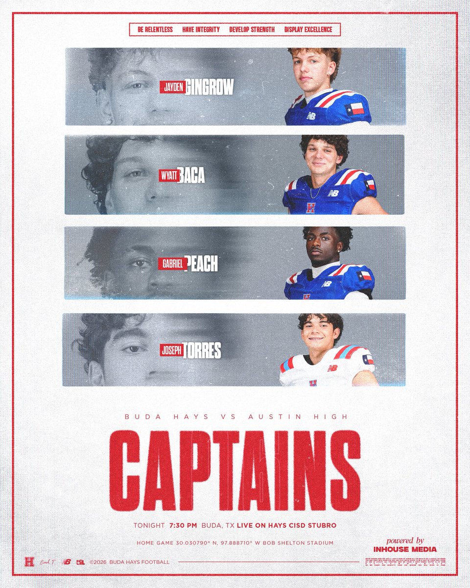 BudaHaysFB's tweet photo. Captains vs. Austin High. 🫡
@coachmarktorres
#RISE #BudaHaysFootball
Powered by @inhousemediatx #BuiltWithin https://t.co/nPjWhks7H9