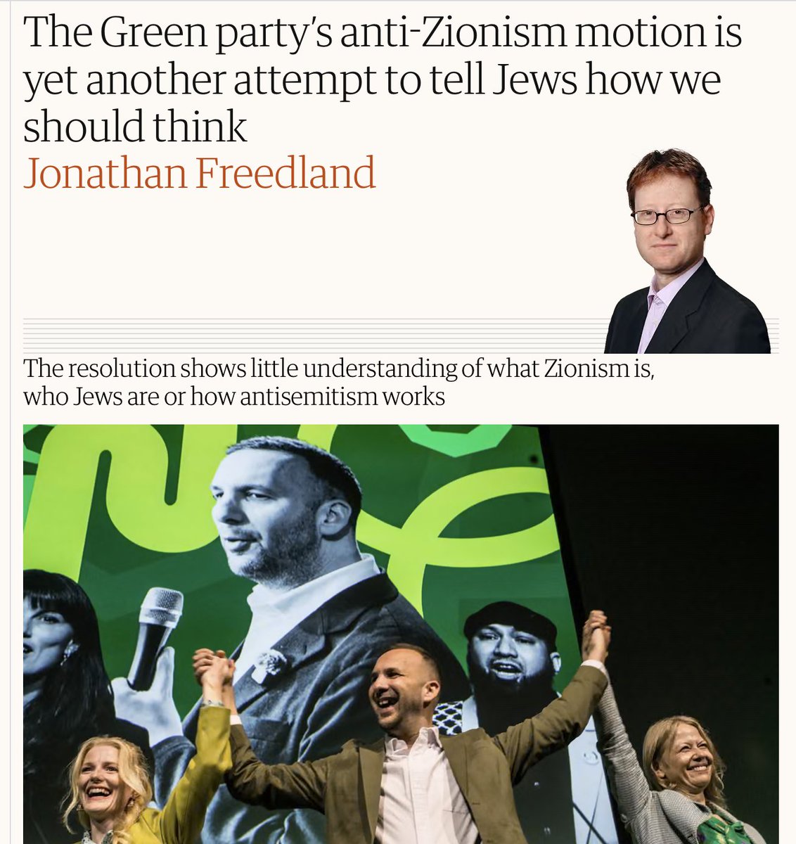 simonmaginn's tweet photo. Hi @Freedland 
Conflating Israel with Jewry, as you consistently do, including here, is antisemitic.
Do you have any access to anti-racism training at your workplace?
#ItWasAScam https://t.co/kJcJjfs7uq