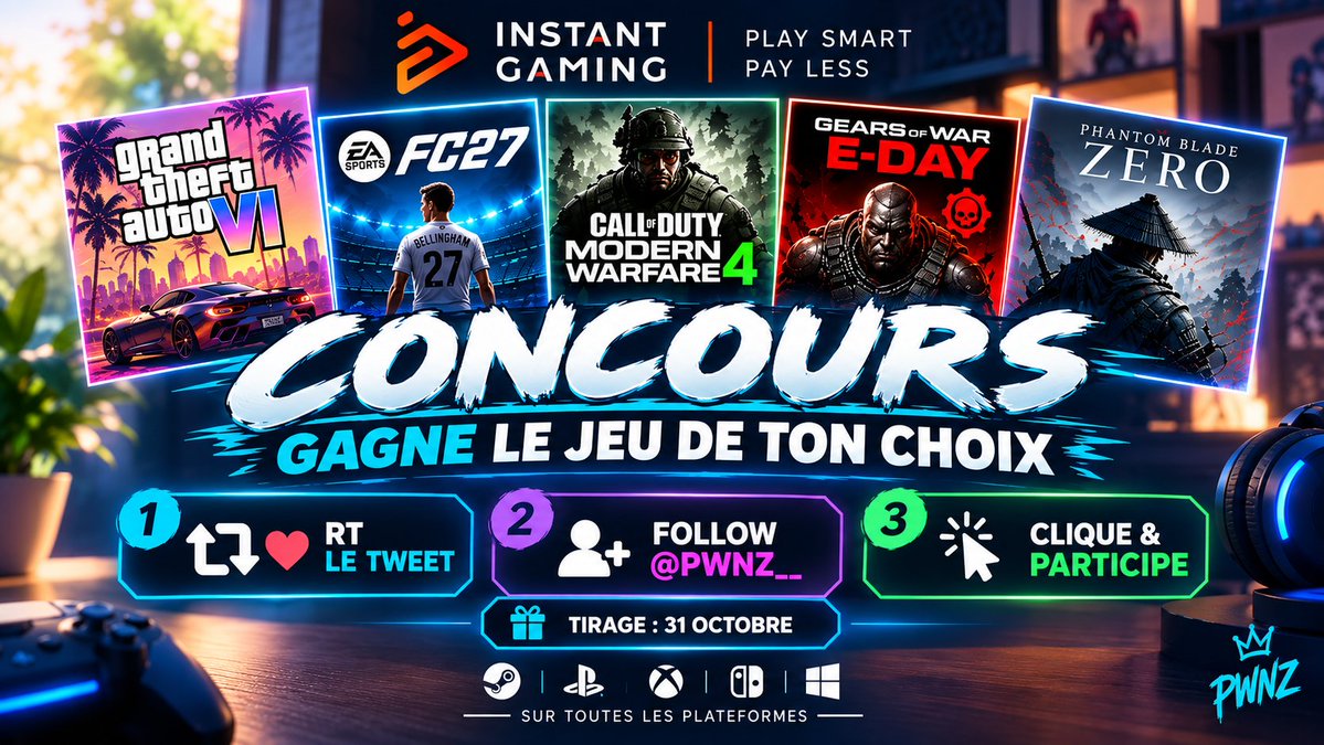 PwnZ___'s tweet photo. 🎁 CONCOURS : LE JEU DE VOTRE CHOIX ! 🎁

En partenariat avec Instant-Gaming, je régale ! 🔥

1️⃣ RT + ❤️ ce tweet
2️⃣ Follow @PwnZ___
3️⃣ Réponds : quel est le jeu que tu veux gagner ? 👇
4️⃣ Pour valider ta participation clique sur le lien en commentaire !

📅 TAS : 31/10 🍀 https://t.co/qXKNzpmf7f