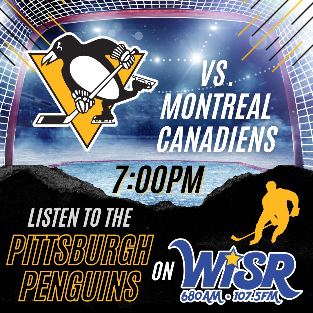 wisr680's tweet photo. It's a Penguins Hockey Night!ππ§π€π
Tune in to WISR 680AM & 107.5FM to hear the Penguins play the Montreal Canadiens! Pregame broadcast starts at 6:30pm. Game starts at 7:00pm! #LetsGoPens #Pittsburgh #Penguins #WISR #NHL https://t.co/PxF1iYulLh