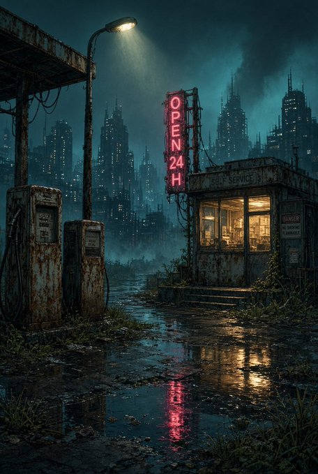 A dark, atmospheric digital artwork of a deserted 24-hour self-service gas station featuring old pumps under a glowing street lamp, with a neon "OPEN 24H" sign and a dystopian city skyline in the misty background.