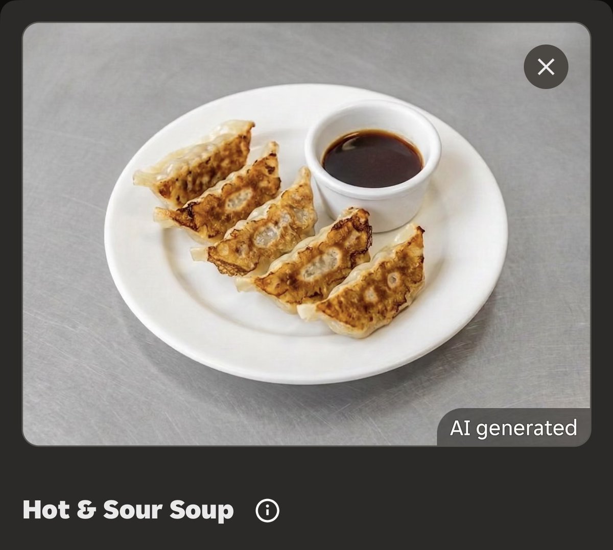 twostraws's tweet photo. Petition to ban restaurants from using AI-generated imagery in their menus 🗳️ (This comes from @JustEatUK, surprising no one.) https://t.co/cdlcidF0Tf