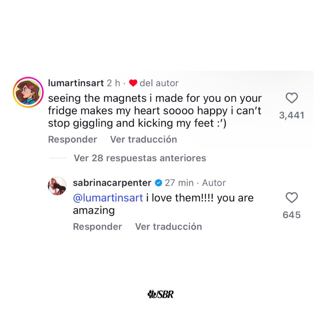 UpdatesBrinaBR's tweet photo. Sabrina Carpenter interagindo com a artista brasileira que criou os ímãs que ela recebeu durante sua passagem pelo Lollapalooza Brasil. 🇧🇷

“eu amo eles!!! você é incrível” https://t.co/qWXJmQllCd
