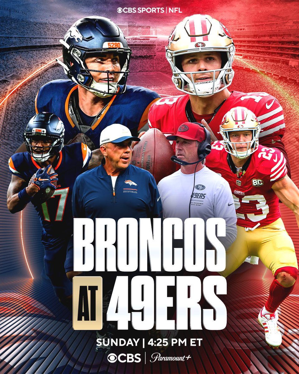 NFLonCBS's tweet photo. Broncos. 49ers. Let’s do this!

Sunday 4:25PM ET on CBS and @paramountplus https://t.co/eu2dBJrWw9