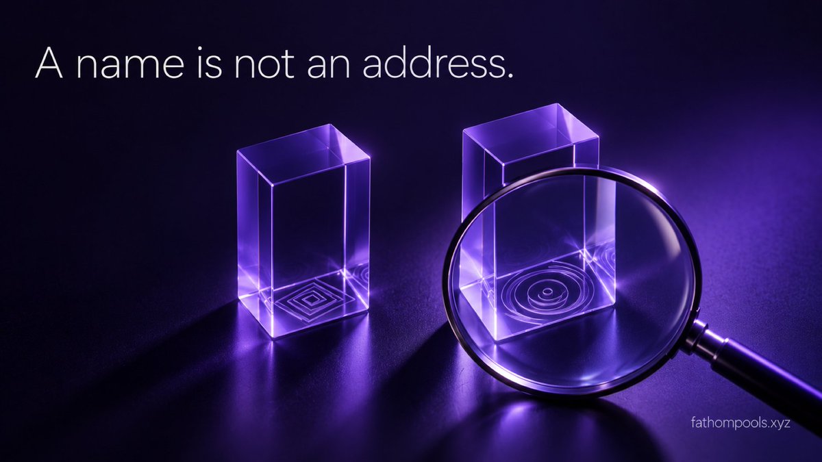 FathomPools's tweet photo. A familiar ticker is convenient when reading a pool. When a transaction is assembled, Fathom uses the token's contract address to identify the asset and connect the route. Two contracts with the same symbol remain different tokens, with separate balances and pools.

This becomes especially relevant around new launches, where a name can spread faster than its provenance. Displaying metadata does not establish who issued the asset. The address is worth keeping alongside the name.
