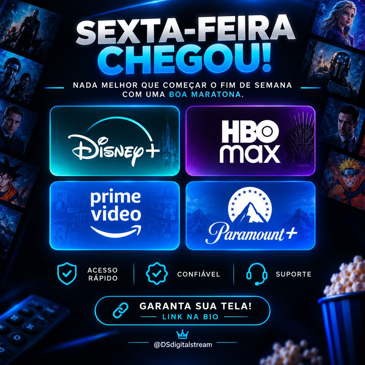 DSdigitalstream's tweet photo. 🍿 SEXTA-FEIRA CHEGOU! 🔥
Nada melhor que começar o fim de semana com uma boa maratona. 🎬
✨ Plataformas disponíveis:
🔵 Disney+
🔵 Paramount+
⚪️ Prime Video
🟣 HBO Max
📲 Garanta sua tela!
👉 Link na bio 🔗
#comprar #dividir #alugando #alugar #conta https://t.co/cKFWPWfSpP