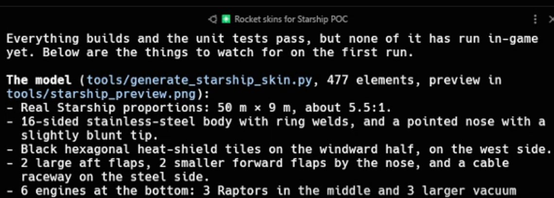 KevXDev's tweet photo. Asked Claude Code for a Starship skin for my Minecraft server's rockets.

Try 1: a texture swap. Nope. Try 2: it wrote its own Python model generator. 477 elements, real 5.5:1 proportions, 6 Raptors.

Then I said "more skins". 4 min later: Saturn V, Falcon Heavy, a retro rocket.

#gamedev