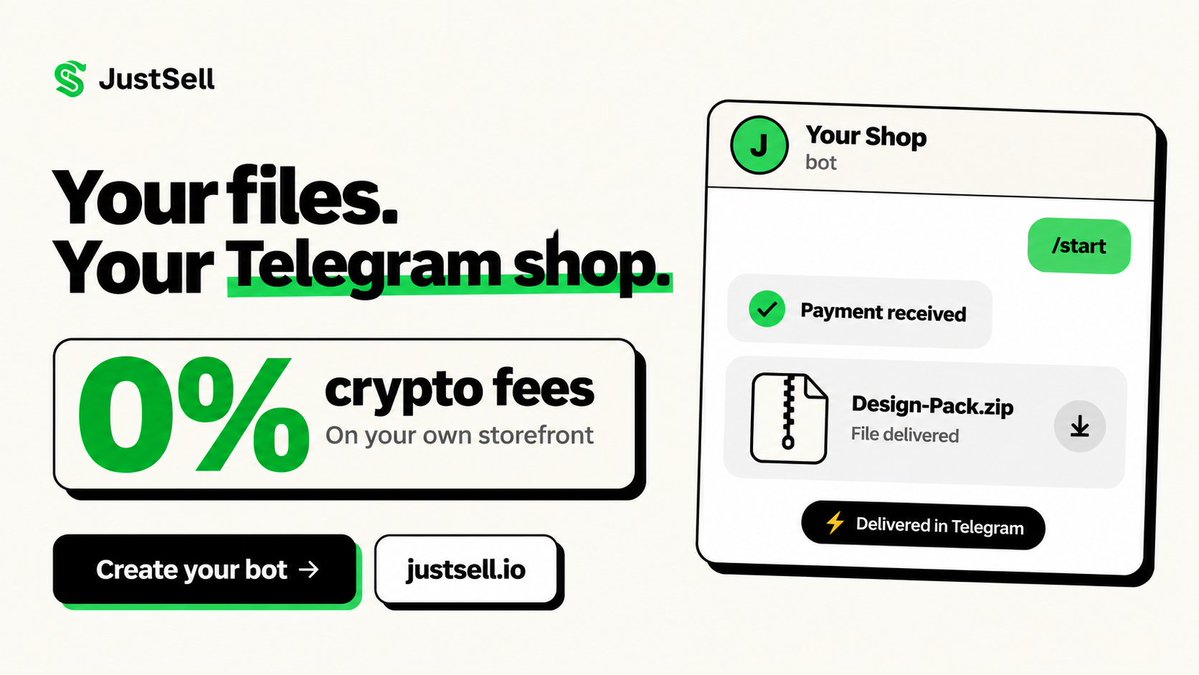 justsellio's tweet photo. Sell files through Telegram with a JustSell shop bot.

 Keep 100% of crypto sales from your own storefront.

Create your bot at https://t.co/VzL0Ngdof1 and list your first file. https://t.co/kdvnGhuHKn