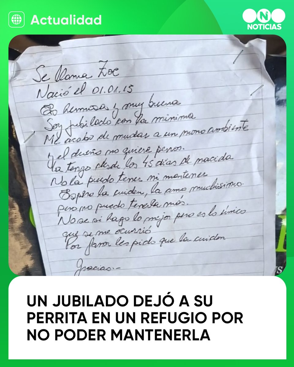 telefenoticias's tweet photo. Un jubilado dejó a su perrita en un refugio con una carta por no poder mantenerla: "No la puedo tener, ni mantener. Espero la cuiden. La amo muchísimo".

En la carta explicó que cobra la mínima y que se tuvo que mudar a un monoambiente en el que no aceptan mascotas. Desde el refugio "El campito", hicieron un comunicado pidiendo que se contacte con ellos: "Entendemos tu dolor y lo que debe ser sentir que no hay opciones".