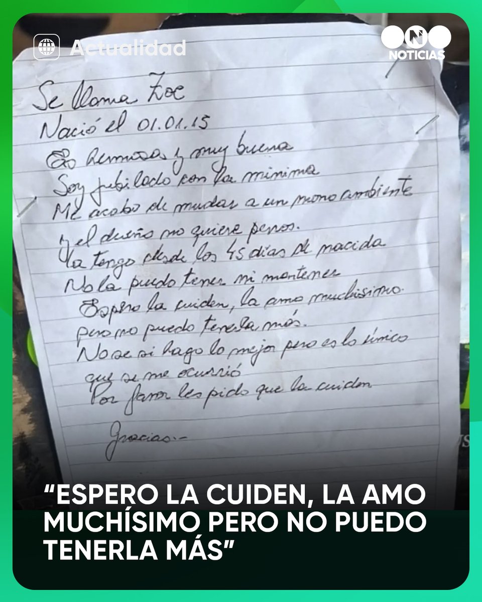 telefenoticias's tweet photo. Un jubilado dejó a su perrita en un refugio con una carta por no poder mantenerla: "No la puedo tener, ni mantener. Espero la cuiden. La amo muchísimo".

En la carta explicó que cobra la mínima y que se tuvo que mudar a un monoambiente en el que no aceptan mascotas. Desde el refugio "El campito", hicieron un comunicado pidiendo que se contacte con ellos: "Entendemos tu dolor y lo que debe ser sentir que no hay opciones".