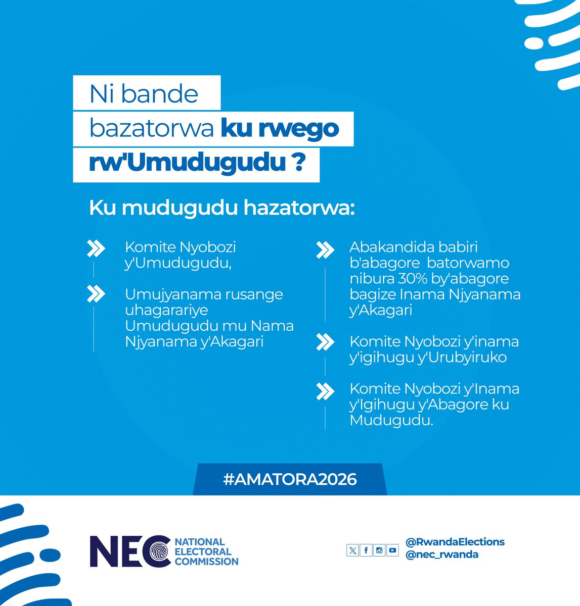 RwandaElections's tweet photo. Amatora y'abayobozi b'Inzego z'Imitegekere y'igihugu zegerejwe abaturage n'ay'inama z'igihugu:
Ku mudugudu azaba tariki 24/10/2026. https://t.co/8Qb6zJ911z