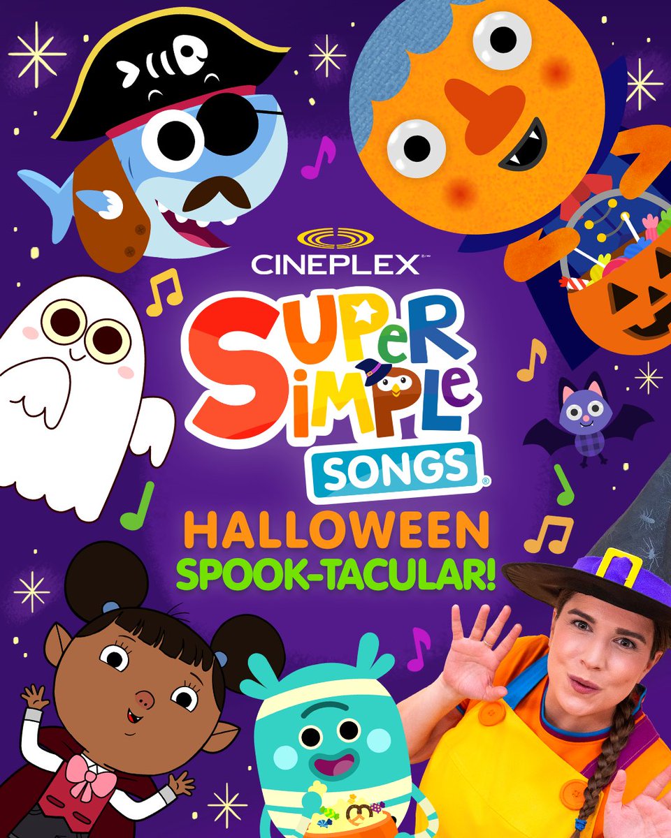 CineplexMovies's tweet photo. 🎃 It's a Super Simple Halloween at Cineplex!

This October 31st, the Super Simple Songs Halloween Spook-tacular, is bringing BIG-screen fun to little moviegoers! And in this movie, you get to SING along! It's the perfect way to celebrate the season with little ones.

Dressing up in your costume and singing along to your favorite Halloween songs is sure to make a special first-time movie experience! Whether it's your little one's first in-theatre movie or your next family tradition, we're ready to celebrate with you!

Get your tickets here 🎟️➡️ https://t.co/sHFUQCIUIT