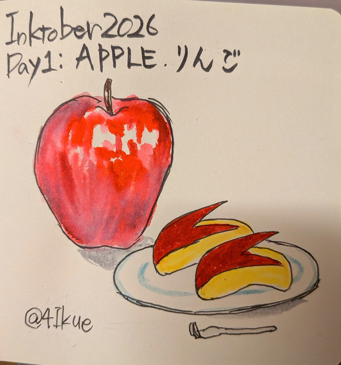 4Ikue's tweet photo. INKTOBER2026 DAY1:APPLE、リンゴ
という訳で、ひっそりと始まりました。
お題はリンゴなので、リンゴとリンゴのうさぎさんを描きました。
#INKTOBER2026 #kuretake #zigcleancolorbrush #zigmanaka #mildliner https://t.co/Ptg0PcDqIc
