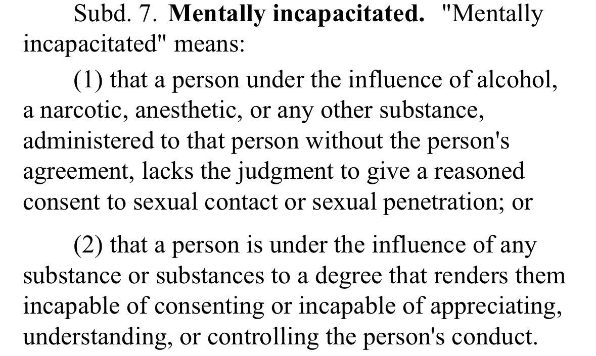 sociiex's tweet photo. @micsolana states with laws that cover voluntary intoxication don’t phrase it the way she did, but it’s still a very subjective standard, e.g.: minnesota https://t.co/uWX2pDq7DM
