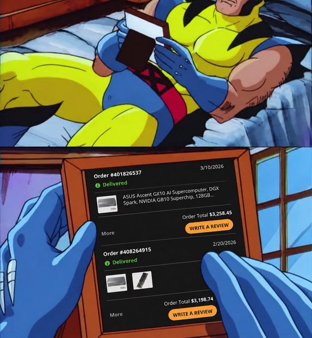 A humorous two-panel comic featuring the X-Men character Wolverine reading a book. The bottom panel shows his perspective, revealing that the "book" is actually a tablet displaying Amazon order histories for expensive items like an "ASUS Ascent GX10 AI Supercomputer" and "NVIDIA GB10 Superchip".