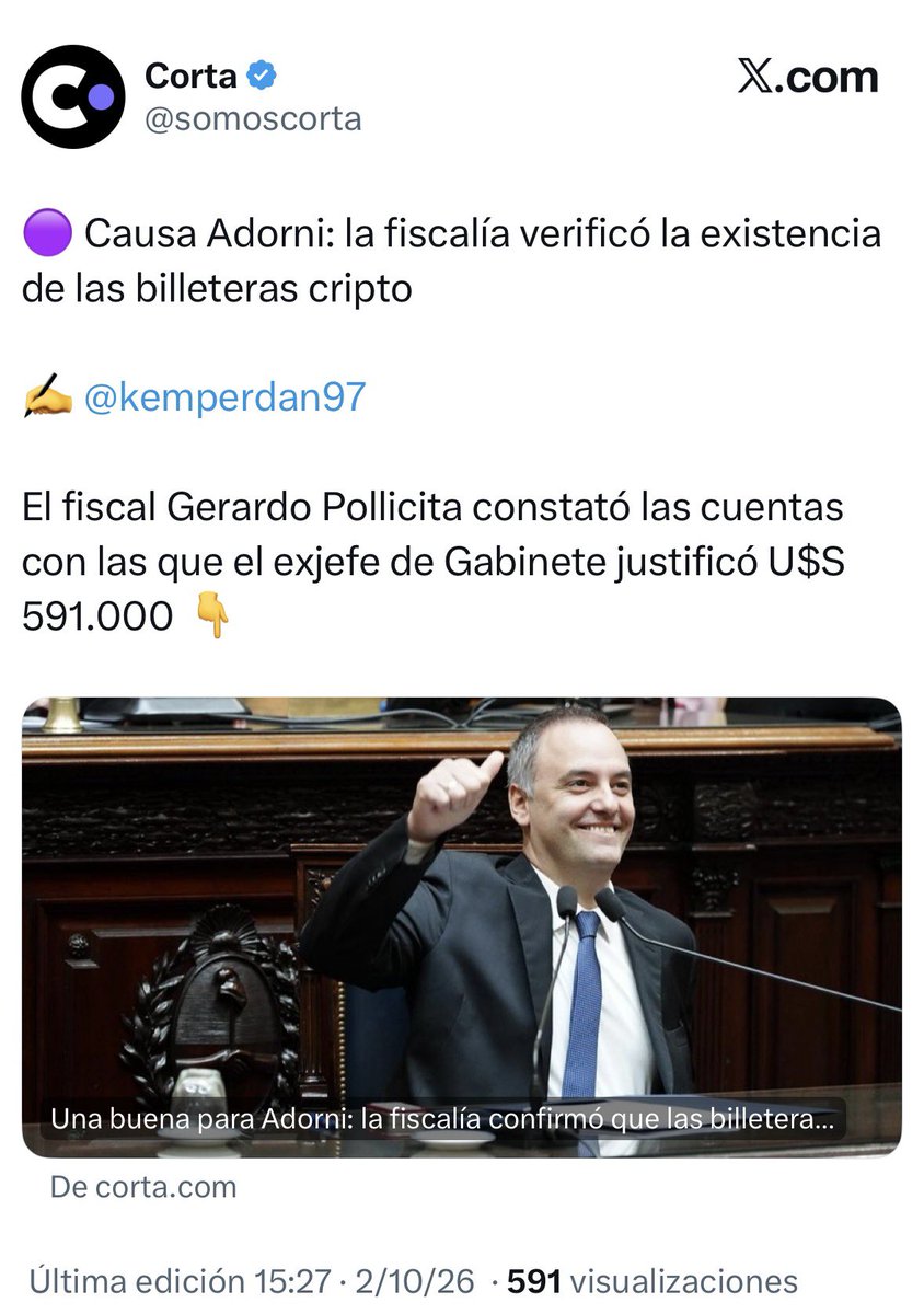 Fran_Casaretto_'s tweet photo. El portal @somoscorta subió a las 14:51 un posteo indicando una buena noticia para Manuel Adorni. Por el otro, la misma noticia editada a las 15:27 de forma maliciosa porque no les convenía. 
¿Te das cuenta? No están informando, están editando con intención. https://t.co/0cYNjkiU5G