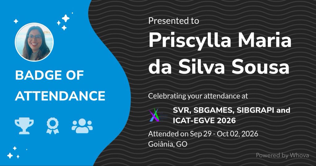 priscyllamss's tweet photo. ๐ Just had an incredible experience attending SVR, SBGAMES, SIBGRAPI and ICAT-EGVE 2026! ๐ - via #Whova event app https://t.co/sGO1QyLyqt