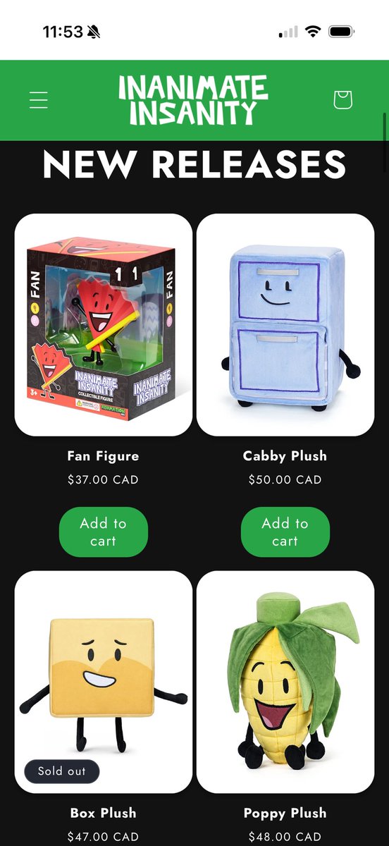 OSCCentralNews's tweet photo. Theres been a merch drop on https://t.co/yW6QU2PIgN. It includes:

-New Cabby Plush
-Fan Vinyl Figure
-Box Plush
-Poppy Plush
-New Nickel Plush
-Candle And Silver Spoon Vinyl Figure
-BFDIxII 2026 Tour Shirt

(Source: @AnimationEpic) https://t.co/md1jjaCGIa