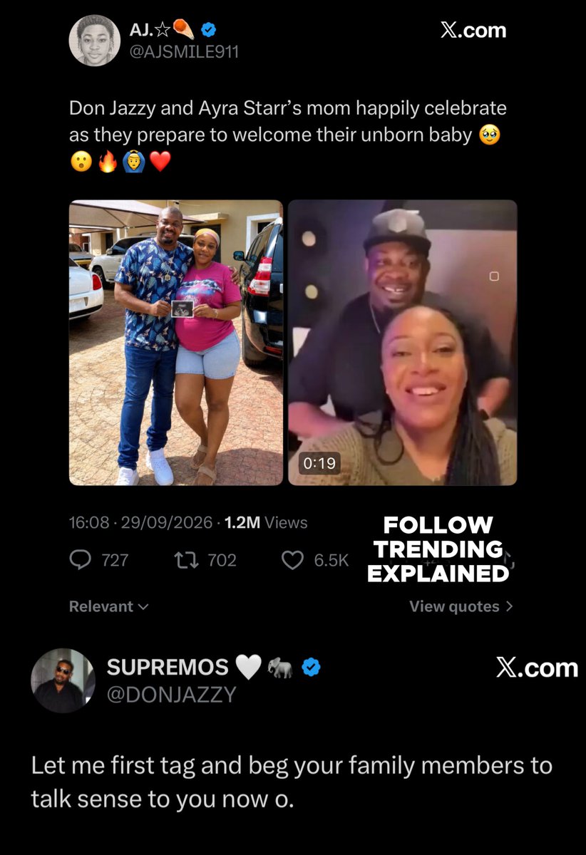 TrendingEx's tweet photo. Don Jazzy is trending because rumors say the banger boy who claimed Collins impregnated Ayra Starr’s mom, has been arrested.

Actually, no reliable source supports or confirmed the arrest, just cruise bloggers and gossip pages.

Infact, this is a classic banger boy playbook: cause controversy, get backlash, stage an arrest, disappear, then return with a banger post mocking your critics.

It happened with Femzy a couple of times and last month, with banger boy Dr. Danny of Owerri.

Interestingly, the cruise blogger Oluwafunmilayo who broke the news that has now gone viral has made an update, claiming it wasn’t Don Jazzy who arrested AJ the banger boy. Which further compromises the authenticity of the arrest story. 

A major indicator that it’s likely an engagement farming tactics is, all the defamatory posts about Don Jazzy are still up, getting more engagements, not only that, other defamatory posts remain up on AJ’s page.

Since the rise of banger boys, only Opay, Adekunle Gold, Tony Elumelu and Lawrence Alabi have successfully completed arrests.

If the arrest is confirmed, this story will be updated. Follow @TrendingEx for dailies