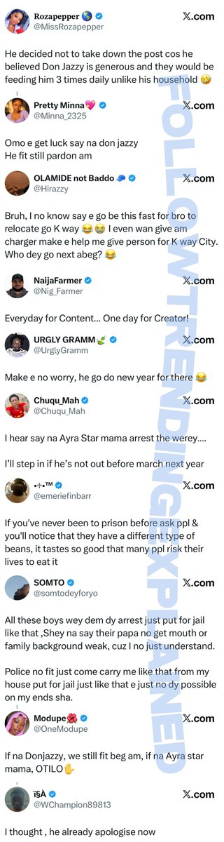 TrendingEx's tweet photo. Don Jazzy is trending because rumors say the banger boy who claimed Collins impregnated Ayra Starr’s mom, has been arrested.

Actually, no reliable source supports or confirmed the arrest, just cruise bloggers and gossip pages.

Infact, this is a classic banger boy playbook: cause controversy, get backlash, stage an arrest, disappear, then return with a banger post mocking your critics.

It happened with Femzy a couple of times and last month, with banger boy Dr. Danny of Owerri.

Interestingly, the cruise blogger Oluwafunmilayo who broke the news that has now gone viral has made an update, claiming it wasn’t Don Jazzy who arrested AJ the banger boy. Which further compromises the authenticity of the arrest story. 

A major indicator that it’s likely an engagement farming tactics is, all the defamatory posts about Don Jazzy are still up, getting more engagements, not only that, other defamatory posts remain up on AJ’s page.

Since the rise of banger boys, only Opay, Adekunle Gold, Tony Elumelu and Lawrence Alabi have successfully completed arrests.

If the arrest is confirmed, this story will be updated. Follow @TrendingEx for dailies