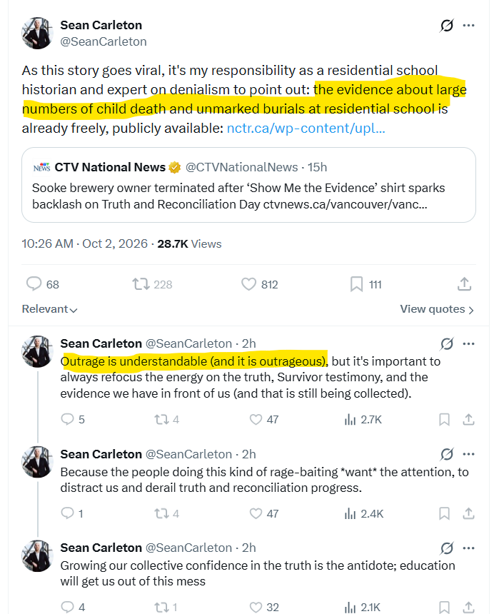 FrancesWiddows1's tweet photo. What is "outrageous", @SeanCarleton? A person being fired because their shirt demands evidence?  The "evidence" is NOT about "child death" in graves that were once marked.  It is about the fact there is no evidence for CLANDESTINE burials, specifically the #Kamloops215Deception. https://t.co/YcRy1MTtDh