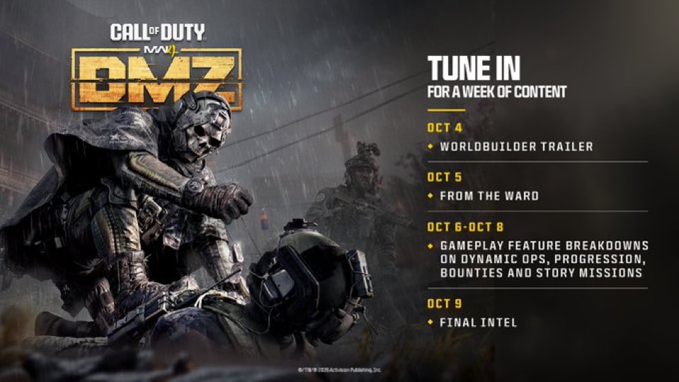 InfinityWard's tweet photo. DMZ gets the whole week.

Starting October 4, we’re going deep on Hajin and everything waiting for you when you deploy.

Five days. A lot to unpack.

Here’s the plan ⬇️ https://t.co/HpsZP80HdE