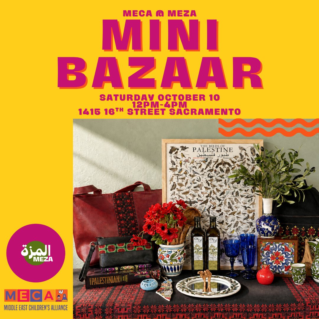 MECAForPeace's tweet photo. ✨ Celebrate Palestinian culture at the MECA @ MEZA Mini Bazaar Saturday, October 10! Shop crafts, embroidery, ceramics, olive oil, zaatar, books &amp; more. Every purchase supports children in Gaza &amp; the West Bank. Which item are you most excited for? #MECAforPeace #ShopForACause https://t.co/u7HfbQq8Gp