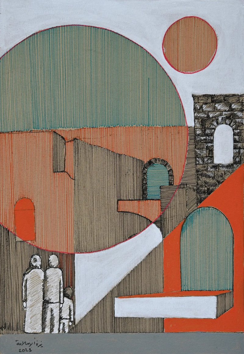 Boudicca61AD's tweet photo. Painting "Doorstep" by Palestinian (Jerusalem) artist Yazan Abu Salameh,

Yazan explores the urban geography of the West Bank through his work — depicting what can be seen as miniature maps that reflect the remnants of childhood memories, concrete blockades and watch towers. Using found objects and material, such as concrete, pebbles, wires and Lego blocks, his choice of medium — along with the concept — play a central role in the work he creates.