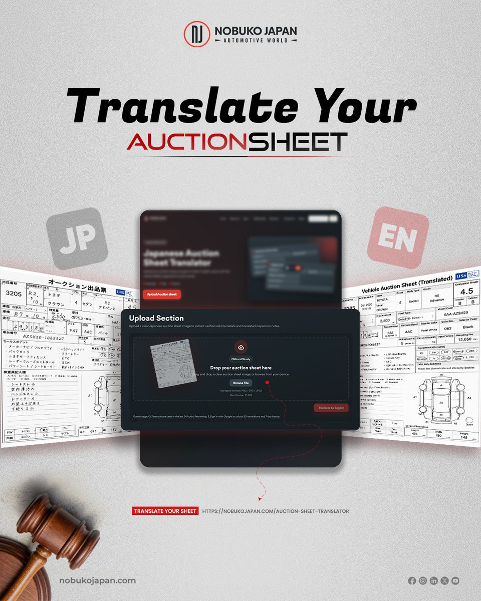 JapanNobuk80318's tweet photo. Stop guessing what's on the auction sheet.

Upload it in Japanese. Get it back in English — grade, equipment, inspection notes, all of it.

Free tool. Built for anyone sourcing from Japan.

#AuctionSheetTranslator #JDMImport #NobukoJapan https://t.co/Utwvrvrn6P