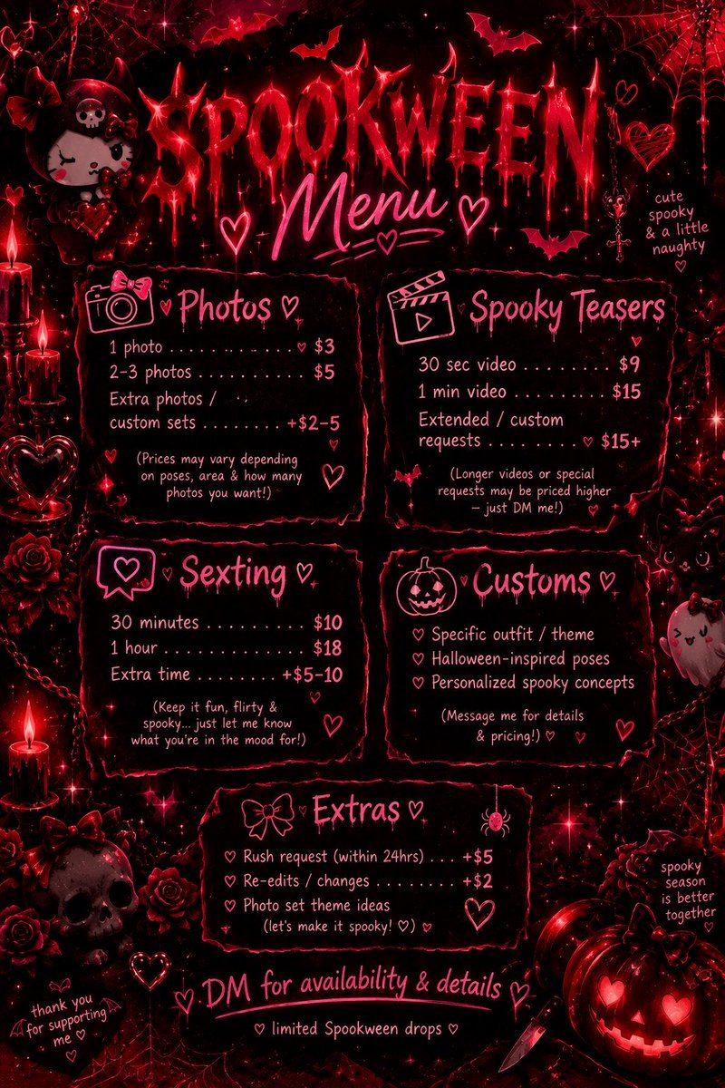 honeiiv3l_vet's tweet photo. 🎃🖤 SPOOKWEEN IS HEREEEE 🖤🎃

I finally put together a little Spookween menu for my X page! 🕷️🎀
 Cute spooky photos, themed drops, short teasers &amp; custom Halloween ideas are all available 👻🩸
Everything is listed on the menu so you can see the options + pricing before orderin https://t.co/6Xhgoi8Yde