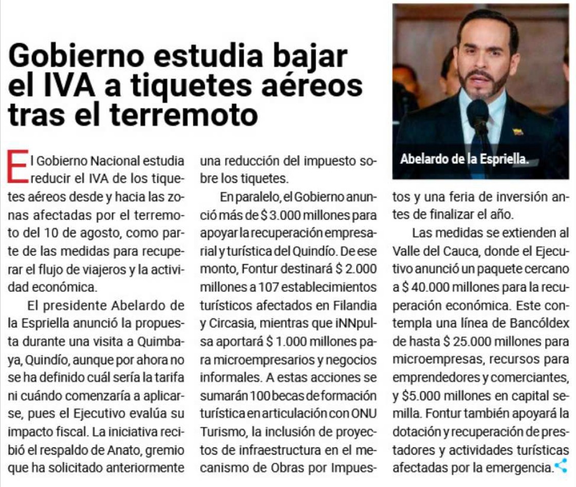 AnatoNacional's tweet photo. 📰#NoticiadeTurismo
"El Gobierno Nacional estudia reducir el #IVA de los tiquetes aéreos desde y hacia las zonas afectadas por el terremoto del 10 de agosto.
La iniciativa recibió el respaldo de ANATO, gremio que ha solicitado anteriormente una reducción del impuesto sobre las tiquetes".
Vía: @Ladevi_Colombia
@PaulaCortesC