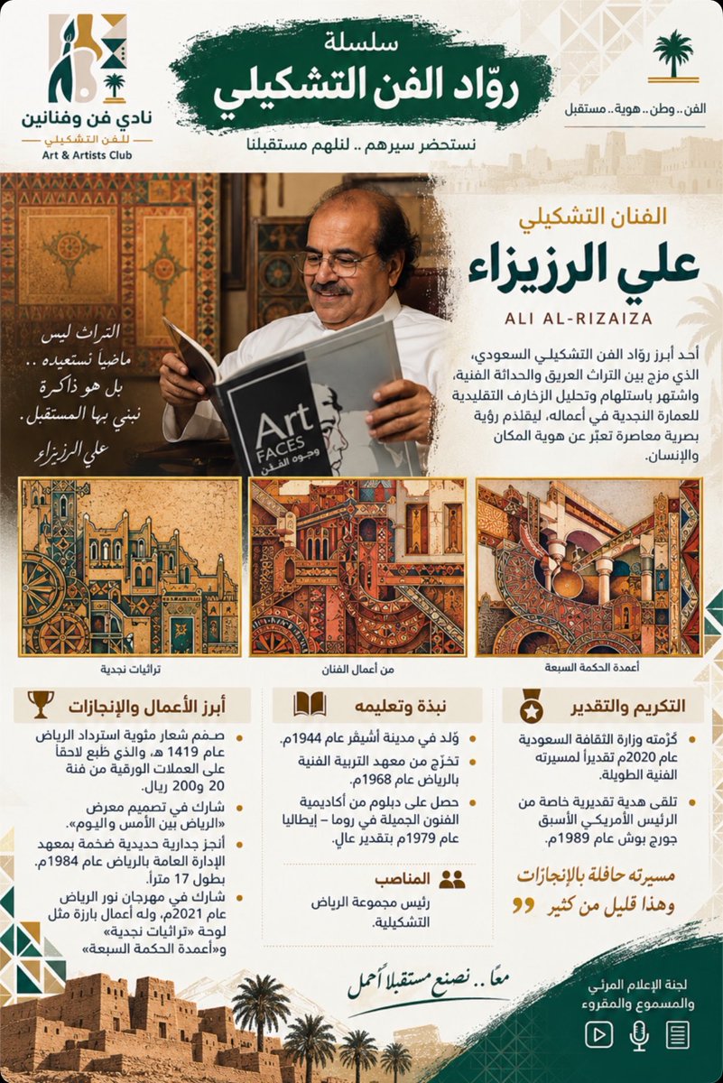 Artartistclub's tweet photo. ضمن #سلسلة_روّاد_الفن_التشكيلي السعودي»🎨🇸🇦 نسلط الضوء على أسماء لها أثرً في مسيرة الفن السعودي، وتشكيل الهوية  البصرية وحفظ الذاكرة الثقافية.
الفنان التشكيلي @alruzaiza ، أحد أبرز رواد الفن السعودي، الذي مزج التراث النجدي والحداثة الفنية، وجعل من الزخارف  لغة بصرية متفردة.✍️✨ https://t.co/lzIEK46oFu