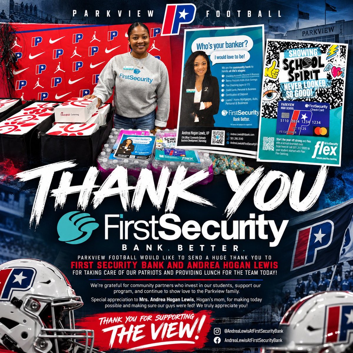 ParkviewLr's tweet photo. ❤️💙 THANK YOU, FIRST SECURITY BANK! 💙❤️

Parkview Football would like to send a huge THANK YOU to First Security Bank and Andrea Hogan Lewis for taking care of our Patriots and providing lunch for the team today!

We’re grateful for community partners who invest in our students, support our program, and continue to show love to the Parkview family.

Special appreciation to Mrs. Andrea Hogan Lewis, Hogan’s mom, for making today possible and making sure our guys were fed! We truly appreciate you! 🙏🏾🏈

First Security Bank — Bank Better.
📲 @AndreaLewisAtFirstSecurityBank

THANK YOU FOR SUPPORTING THE VIEW!

#ParkviewFootball #TheView #PatriotPride #FirstSecurityBank #CommunityPartners #Family