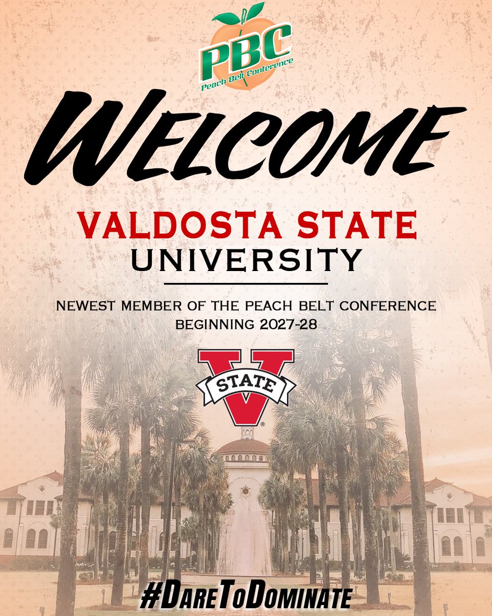 PeachBelt's tweet photo. 𝑾𝒆𝒍𝒄𝒐𝒎𝒆 𝒕𝒐 𝒕𝒉𝒆 𝑷𝑩𝑪!!

The Peach Belt Conference is thrilled to announce the addition of Valdosta State University as the newest member of the Peach Belt Conference. Valdosta State will become the conference’s 11th member on July 1, 2027.

#DareToDominate https://t.co/yrRrC70gBc