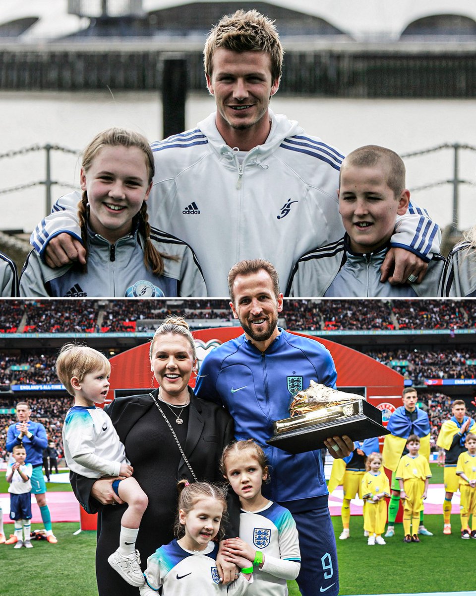 ESPNUK's tweet photo. When an 11-year-old Harry Kane was pictured with David Beckham at the launch of his academy in 2005.

Also in the photo is Katie Goodland, now Harry's wife and mother of their four children 😮👏 https://t.co/dYA4FCcGFt