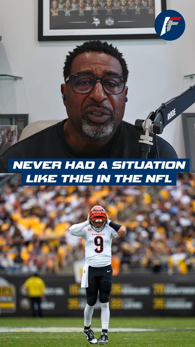 The image features a man with glasses and a goatee speaking into a microphone in the top half, with the text "NEVER HAD A SITUATION LIKE THIS IN THE NFL" overlaid, and a football player wearing a Bengals jersey with the number 9 on a field in the bottom half, likely referencing the quarterback duo of Joe Burrow and another top NFL quarterback that Cris Carter is commenting on.