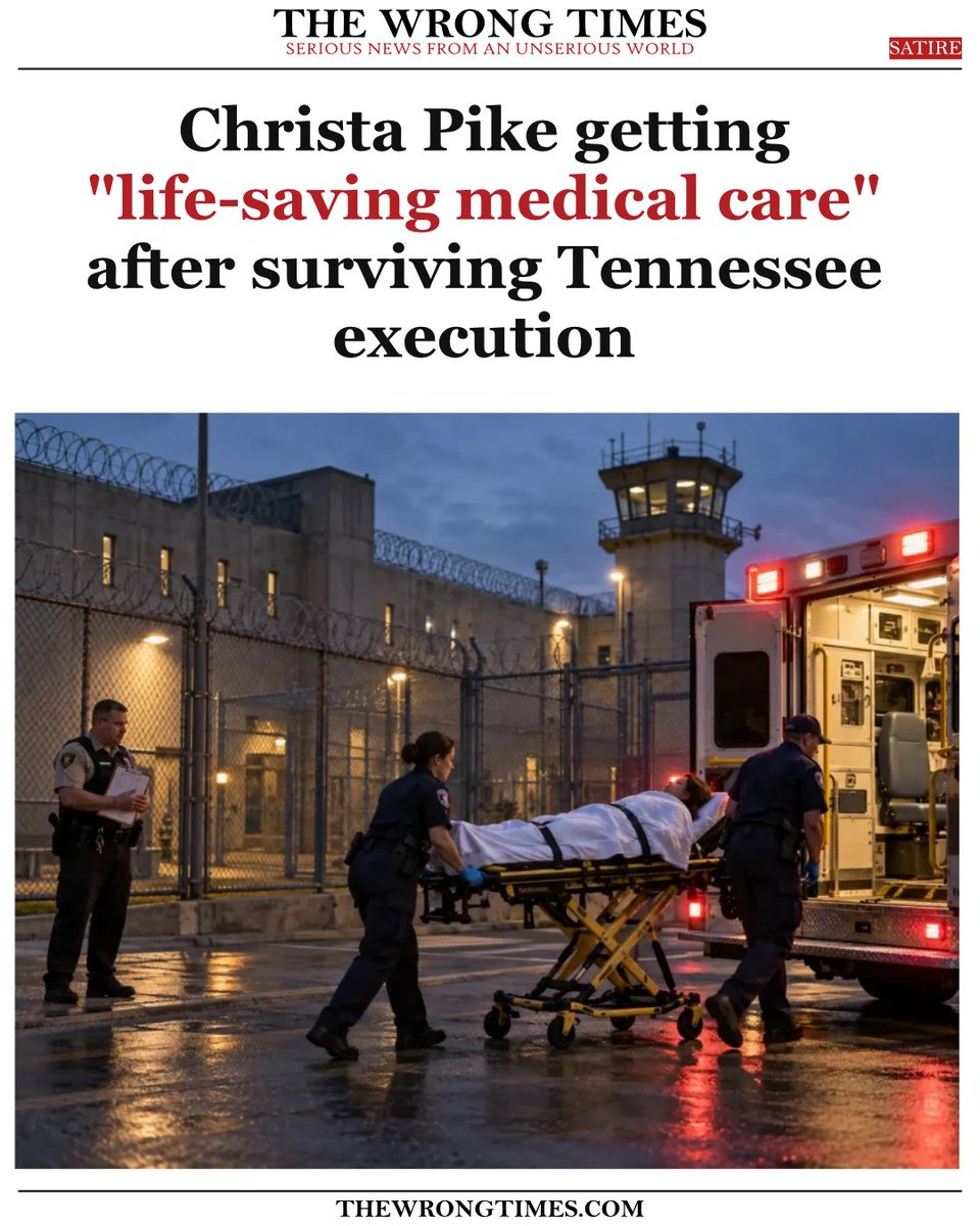TheWrongTimes's tweet photo. Tennessee saves woman's life after failing to end it.

Corrections officials confirmed that while maintaining a pulse presented a procedural failure at the penitentiary, it was subsequently categorized as positive by attending physicians.
#Tennessee #deathrow #LethalInjection #MedicalCare #deathpenalty