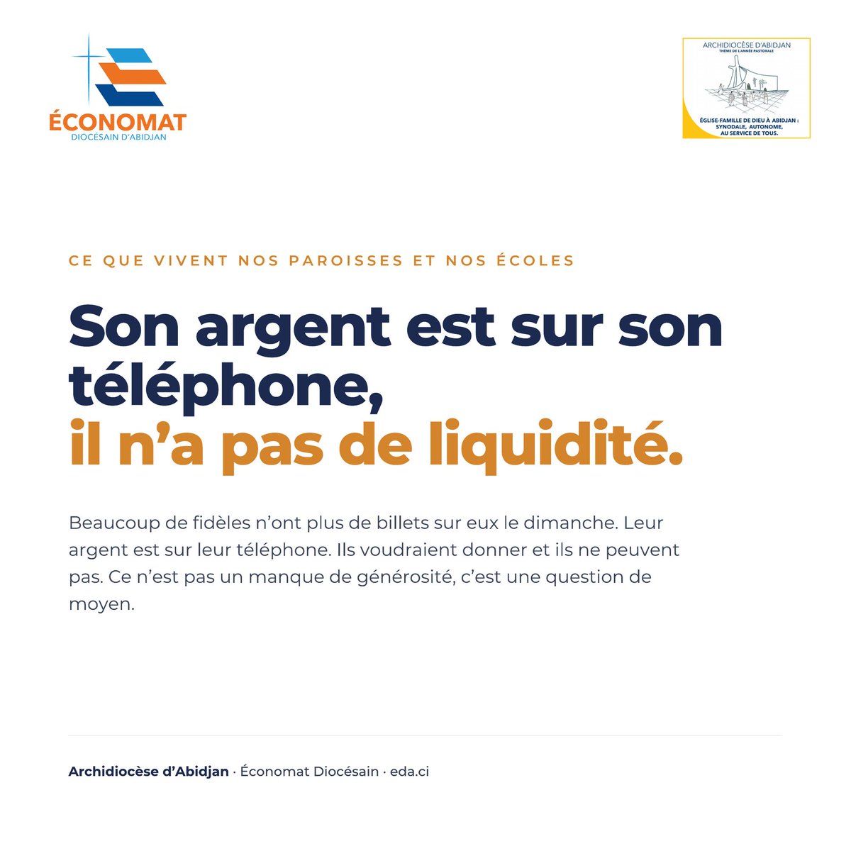 Archidioabidjan's tweet photo. Le dimanche, beaucoup de fidèles arrivent à l'église sans un billet sur eux. Leur argent est là, sur leur téléphone, mais il ne passe pas dans le panier. Ce n'est pas un manque de générosité. C'est une question de moyen. https://t.co/jph61gC41M