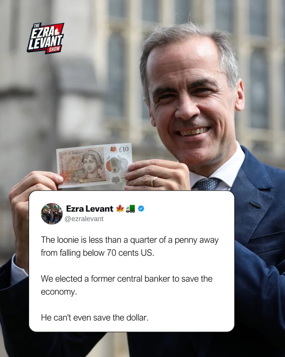ezralevant's tweet photo. Every Canadian who buys anything priced in U.S. dollars just took a pay cut.

On September 25 the loonie hit its weakest level since mid-July. 

It lost 1.2 per cent in one week, the steepest weekly drop since March.

Back in June it fell to 70.56 cents, a 14-month low.

Fresh fruit, much of it imported, is already up 4.7 per cent in a year.

Canada hired a former Bank of Canada governor to fix this. This is his dollar.