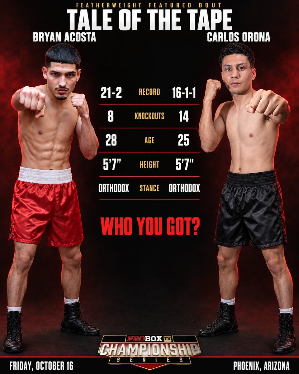 ProBox_TV's tweet photo. TALE OF THE TAPE 📏🥊

Bryan Acosta takes on Carlos Orona at featherweight on October 16.

Who you got? 👇

🎟️ Tickets on sale now, link in bio
📺 Championship Series, $5 a month on YouTube

#AntonVsRojas #ProBoxTV https://t.co/eJit8GGids