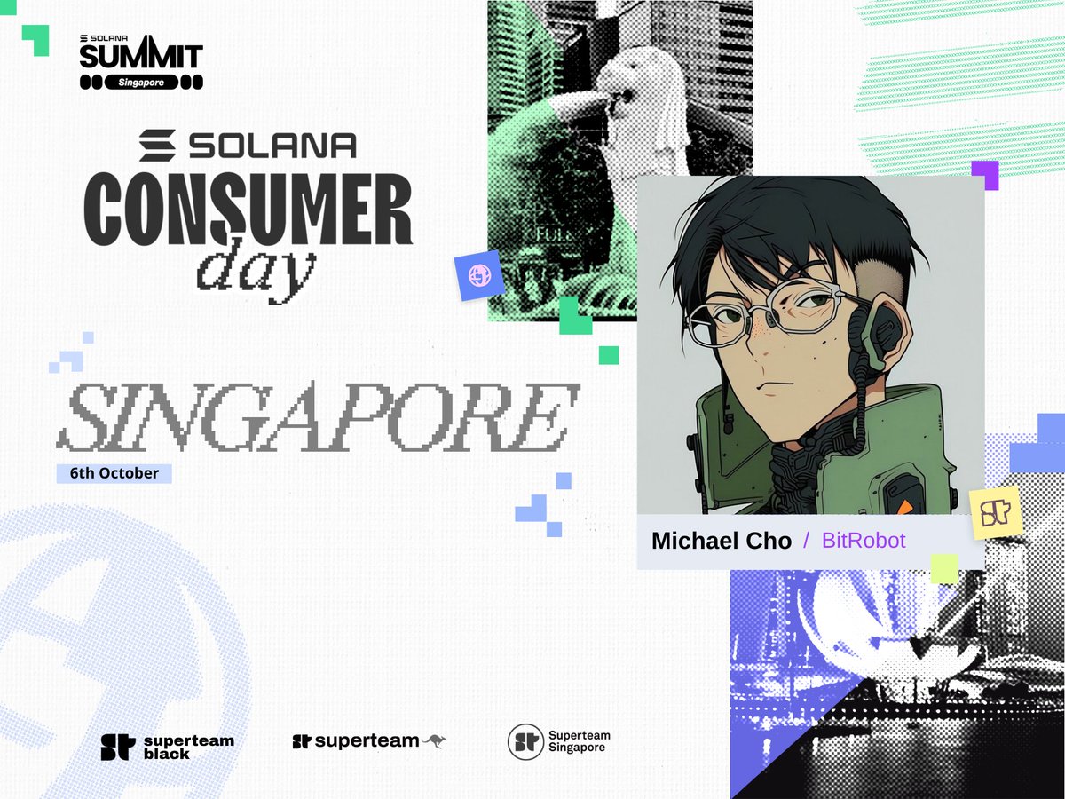 BitRobotNetwork's tweet photo. Heading to Singapore for @token2049? 

Our co-founder @micoolcho will be on the stage at Solana Consumer Day to share how we're crowdsourcing robotics research and development on @solana 

Thanks @SuperteamSG @SuperteamAU @SuperteamBlack for hosting this summit! RSVP below https://t.co/GQ9NWSoLpf