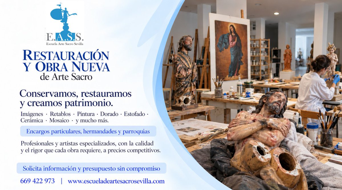 artsacrosevilla's tweet photo. Restauración y obra nueva de Arte Sacro.
Encargos para particulares, hermandades, parroquias e instituciones. Profesionales especializados, rigor técnico y precios competitivos. #restauracion #artesacro
📍 San Juan de Aznalfarache
📲 669 422 973
🌐 https://t.co/ZgsxpOr54N https://t.co/FQNc9vpng9