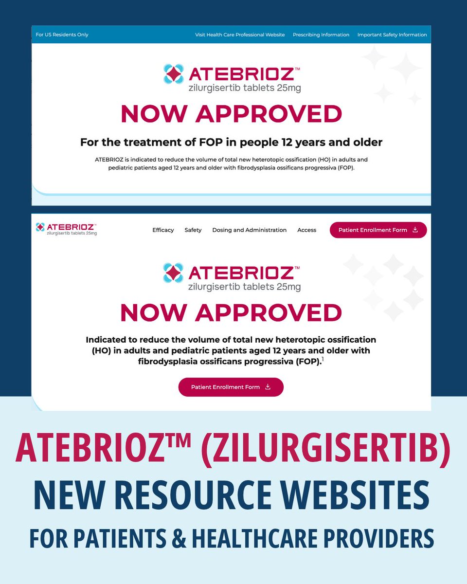 ifopa's tweet photo. New Resources: Learn More About Atebrioz™ (zilurgisertib) 💙

Following the FDA's recent approval of Atebrioz™ (zilurgisertib) to treat FOP, Mirum Pharmaceuticals (@mirumpharma) has launched two new educational resources for the community.

👉 Visit https://t.co/3JfnAvoAs8 to learn more about Atebrioz™ and what it may mean for people living with FOP.

If you're a member of the U.S. FOP community, an adult with FOP or have a child age 12 or older, and are interested in learning more about Atebrioz™, we also encourage you to share this healthcare provider resource with your doctor:

👉 https://t.co/4wigkaGz7C

This site offers detailed clinical information to help your care team better understand this treatment option and determine whether it may be right for you. As always, treatment decisions should be made in partnership with your doctor. 🩺

📌 Learn more about the FDA approval: https://t.co/5aNHwl1xLU